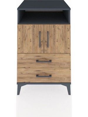 Kronos Komodin 2 Raflı 2 Çekmeceli 2 Kapaklı 60X59X96 Antrasit-Çam