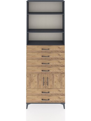 Arges Dolap 4 Raflı 6 Çekmeceli 2 Kapaklı 88X30X243 Antrasit-Çam