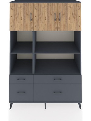 Kronos Dolap 8 Raflı 4 Çekmeceli 3 Kapaklı 132X59X195 Antrasit-Çam/antrasit