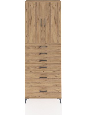 Arges Dolap 3 Raflı 6 Çekmeceli 2 Kapaklı 88X30X243 Çam-Çam