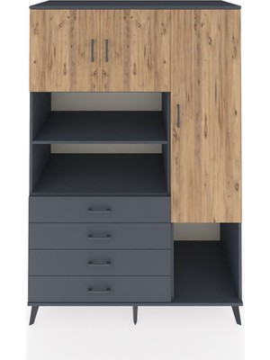 Kronos Dolap 8 Raflı 4 Çekmeceli 3 Kapaklı 132X59X195 Antrasit-Çam/antrasit