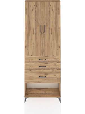 Arges Dolap 3 Raflı 3 Çekmeceli 2 Kapaklı 88X30X243 Çam-Çam