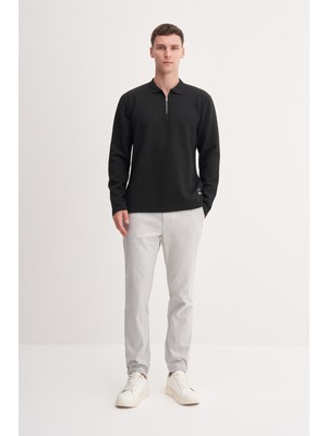 Cazador 53420 Siyah Erkek Polo Yaka Yarım Fermuarlı Kendinden Desenli Sweatshirt