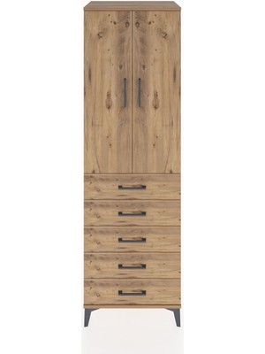 Hyperion Dolap Tek Raflı 5 Çekmeceli Tek Askılı 60X44X195 Çam-Çam