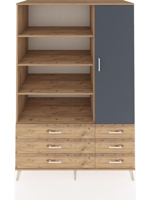 Kronos Dolap 8 Raflı 6 Çekmeceli Tek Kapaklı  132X59X195 Çam-Antrasit/çam