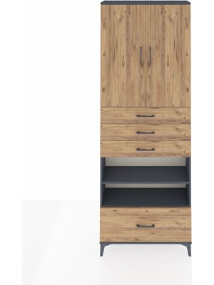 Arges Dolap 5 Raflı 4 Çekmeceli 2 Kapaklı 88X30X243 Antrasit-Çam