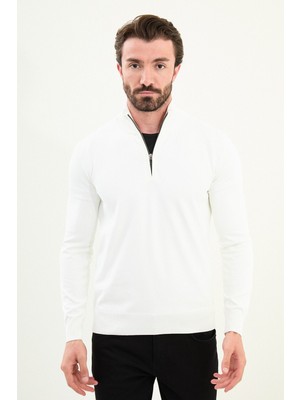 Düz Slim Fit Fermuarlı Yarım Balıkçı Erkek Triko Kazak