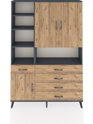 Arges Dolap 8 Raflı 5 Çekmeceli 3 Kapaklı 132X30X195 Antrasit-Çam/çam