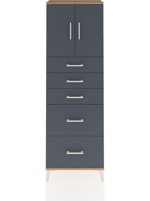 Arges Dolap 2 Raflı 5 Çekmeceli 2 Kapaklı 60X30X182 Çam-Antrasit