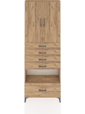 Arges Dolap 4 Raflı 5 Çekmeceli 2 Kapaklı 88X30X243 Çam-Çam