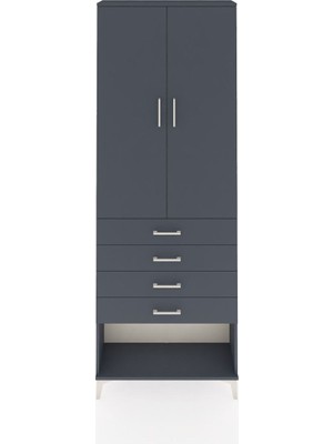 Arges Dolap 3 Raflı 4 Çekmeceli 2 Kapaklı 88X30X243 Antrasit-Antrasit