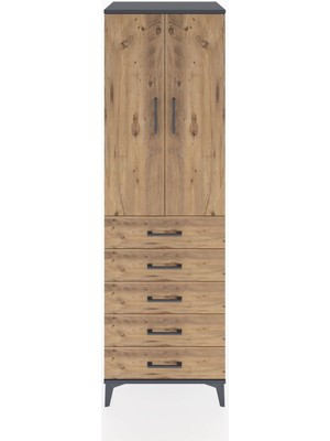 Hyperion Dolap Tek Raflı 5 Çekmeceli Tek Askılı 60X44X195 Antrasit-Çam
