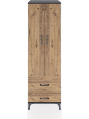 Hyperion Dolap 2 Raflı 2 Çekmeceli Tek Askılı 60X44X195 Antrasit-Çam