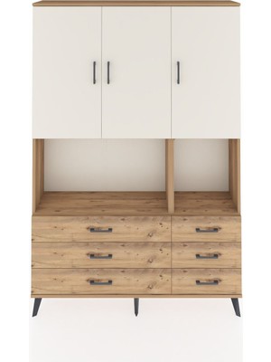 Arges Dolap 6 Raflı 6 Çekmeceli 3 Kapaklı 132X30X195 Çam-Aytaşı/çam
