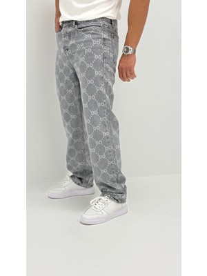 Aden Baggy Denim Açık Gri Lazer Detaylı Erkek Jean Pantolon