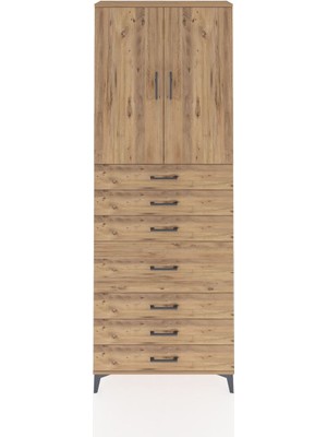 Arges Dolap 3 Raflı 7 Çekmeceli 2 Kapaklı 88X30X243 Çam-Çam