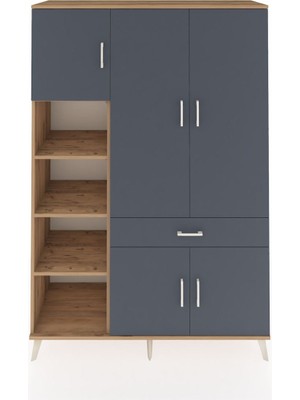 Hyperion Dolap 8 Raflı Tek Çekmeceli 5 Kapaklı 132X44X195 Çam-Antrasit/antrasit
