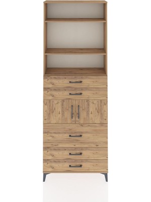 Arges Dolap 4 Raflı 5 Çekmeceli 2 Kapaklı 88X30X243 Çam-Çam