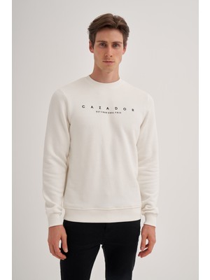Cazador 52350 Ekru Erkek %100 Pamuk Önü Yazılı Slim Fit Sweatshirt