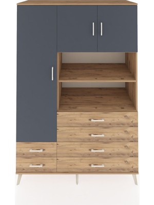 Kronos Dolap 8 Raflı 6 Çekmeceli 3 Kapaklı 132X59X195 Çam-Antrasit/çam