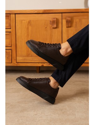 Tommy Erkek Deri Sneaker Ayakkabı Acı Kahve