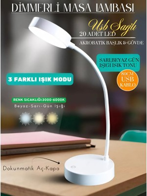 Şarjlı Dokunmatik Masa ve Gece Lambası, 3 Renk, Dimmer, Okuma ve Çalışma Işığı