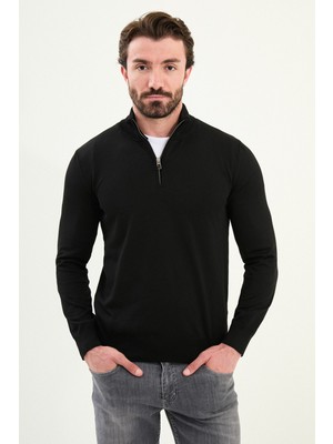 Düz Slim Fit Fermuarlı Yarım Balıkçı Erkek Triko Kazak
