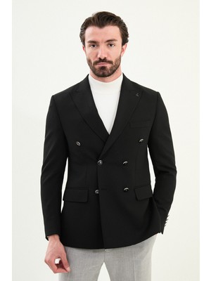 Düz Slim Fit Geniş Yaka Kruvaze Metal Düğmeli Erkek Ceket