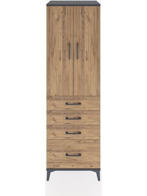 Hyperion Dolap 3 Raflı 4 Çekmeceli 2 Kapaklı 60X44X195 Antrasit-Çam