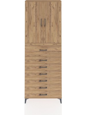Arges Dolap 3 Raflı 7 Çekmeceli 2 Kapaklı 88X30X243 Çam-Çam