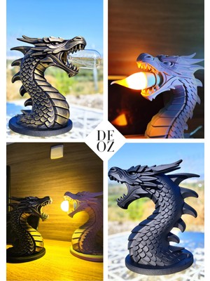 3D Ejderha Nefesi Dekoratif Gece Lambası, Alev Heykeli, Gri Renk