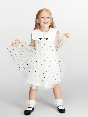 Lcw Kids Ekru Tüllü Kalp Baskılı Kız Çocuk Elbise