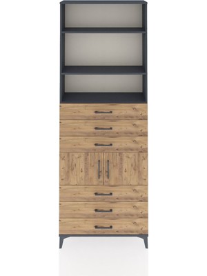 Arges Dolap 4 Raflı 6 Çekmeceli 2 Kapaklı 88X30X243 Antrasit-Çam