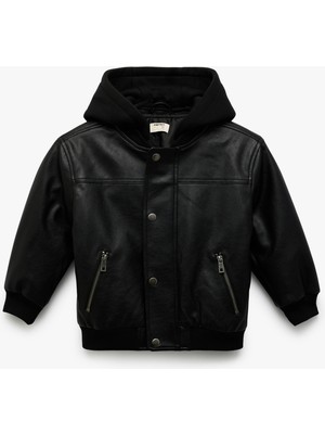 Koton Kapşonlu Çıtçıt Düğmeli Cepli Suni Deri Bomber Ceket