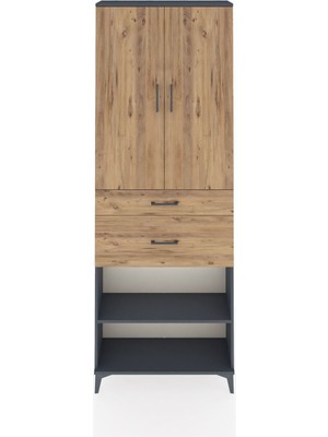 Arges Dolap 4 Raflı 2 Çekmeceli 2 Kapaklı 88X30X243 Antrasit-Çam