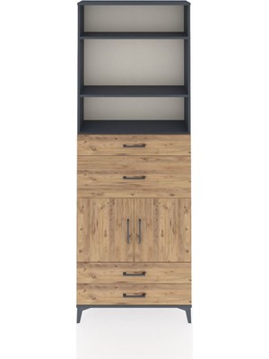 Arges Dolap 4 Raflı 4 Çekmeceli 2 Kapaklı 88X30X243 Antrasit-Çam