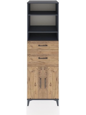 Hyperion Dolap 4 Raflı 2 Çekmeceli 2 Kapaklı 60X44X195 Antrasit-Çam