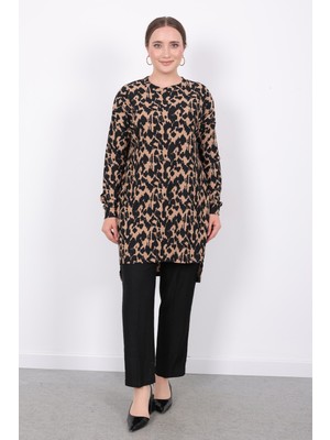 Yazlık Rahat Kalıp Bürümcük Kumaş Leopar Desen Ikili Takım Lastikli Pantolon & Bol Kesim Tunik
