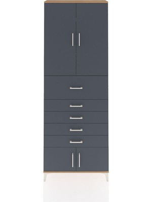 Arges Dolap 3 Raflı 5 Çekmeceli 4 Kapaklı 88X30X243 Çam-Antrasit