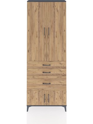 Arges Dolap 3 Raflı 3 Çekmeceli 4 Kapaklı 88X30X243 Antrasit-Çam