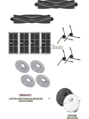 Roboclinic Dreame X40 Ultra / L40 Ultra Robot Süpürge Uyumlu Yedek Fırça, Yan Fırça, Hepa Filtre, Mop - 14 Parça