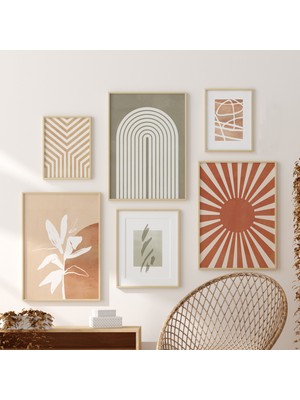 6'lı Bohem Toprak Tonları Duvar Sanatı Seti, Soyut 6'lı Set, Orta Yüzyıl Modern