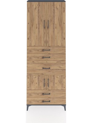 Arges Dolap 4 Raflı 5 Çekmeceli 4 Kapaklı 88X30X243 Antrasit-Çam