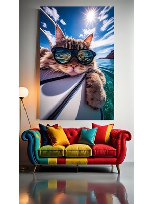 Özkacar Group Kedi Tatilde 1 Ev Duvar Salon Güzellik Salonu Ofis Dükkan Dekarasyon Kanvas Tablo