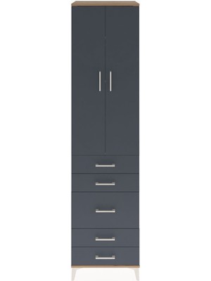 Hyperion Dolap 4 Raflı 5 Çekmeceli 2 Kapaklı 60X44X243 Çam-Antrasit