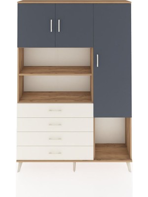 Arges Dolap 8 Raflı 4 Çekmeceli 3 Kapaklı 132X30X195 Çam-Antrasit/aytaşı
