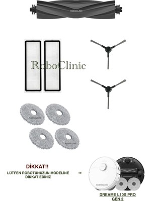 Roboclinic Dreame L10s Pro Gen 2 Robot Süpürge Uyumlu Yedek Fırça, Hepa Filtre, Mop Paspas - 9 Parça