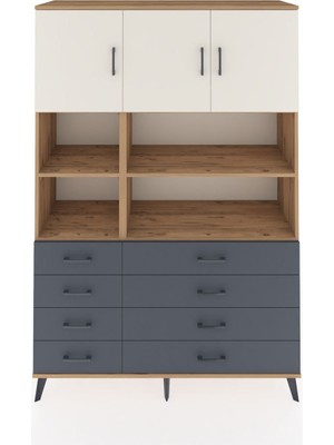 Hyperion Dolap 8 Raflı 8 Çekmeceli 3 Kapaklı 132X44X195 Çam-Aytaşı/antrasit