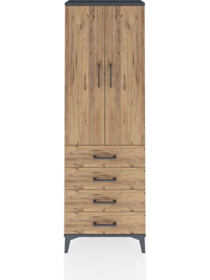 Arges Dolap 3 Raflı 4 Çekmeceli 2 Kapaklı 60X30X182 Antrasit-Çam