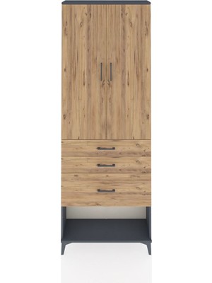 Arges Dolap 3 Raflı 3 Çekmeceli 2 Kapaklı 88X30X243 Antrasit-Çam